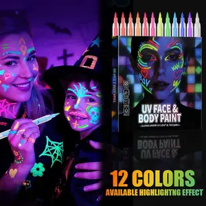 12 Colors UV Neon Face & Body Paint Markers, Washable Non-Toxic Glow Set, Perfect for Halloween, Christmas Parties, Role Play, Festivals