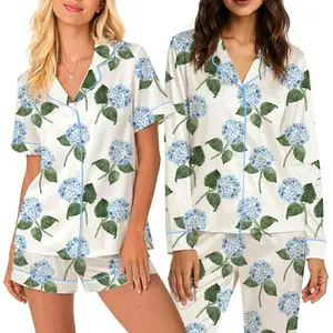 Hydrangea Bloom Pajamas, Light Blue Hydrangea Flowers Grandmillennial Coastal Wedding Party Satin Pajama Set, Bridal Shower & Bachelorette Sleepwear GiftsV