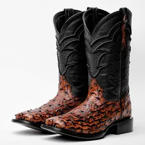 Cognac Ostrich Leather Boots - Square Toe