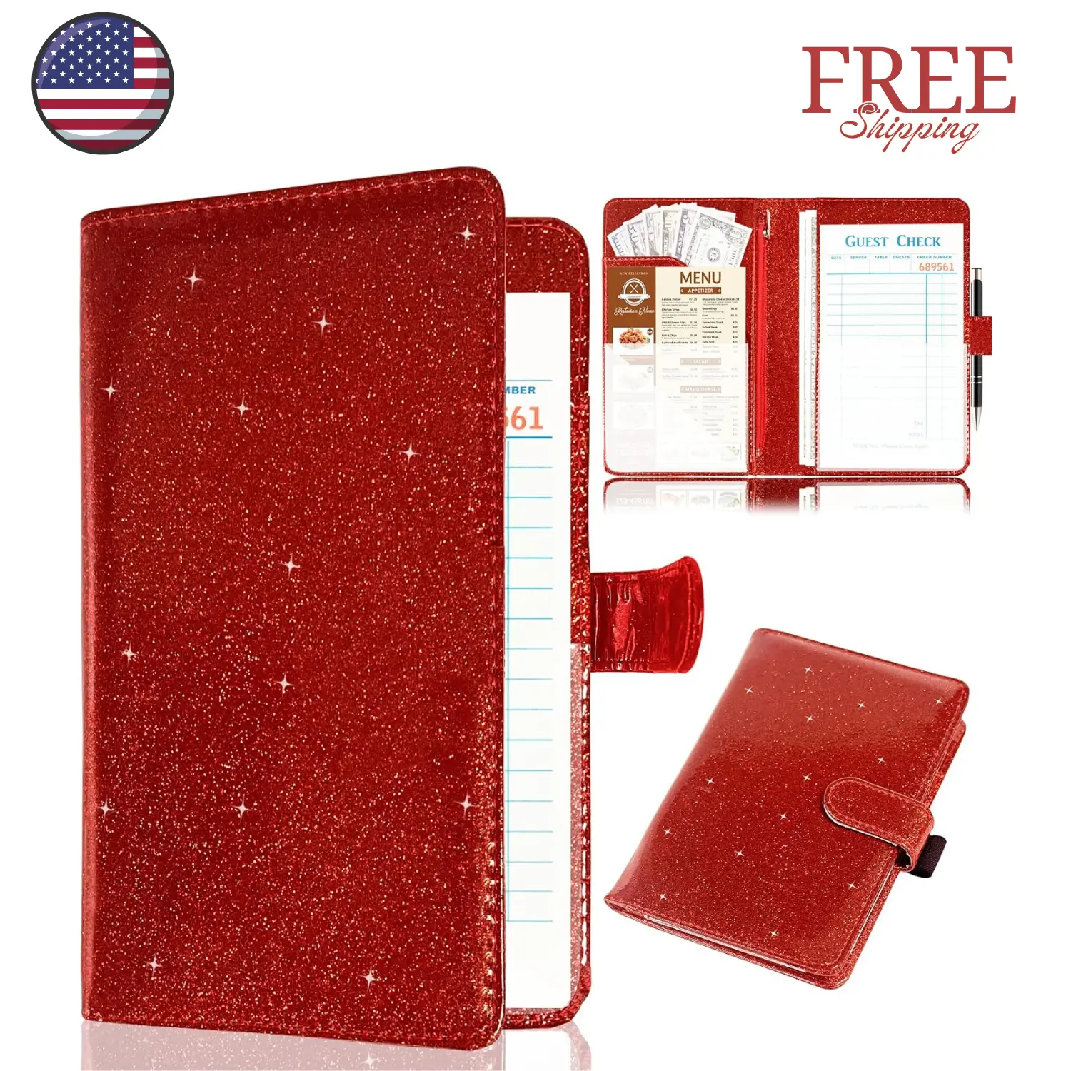 Server Book for Waitress,Leather Waiter Book Organizer Red