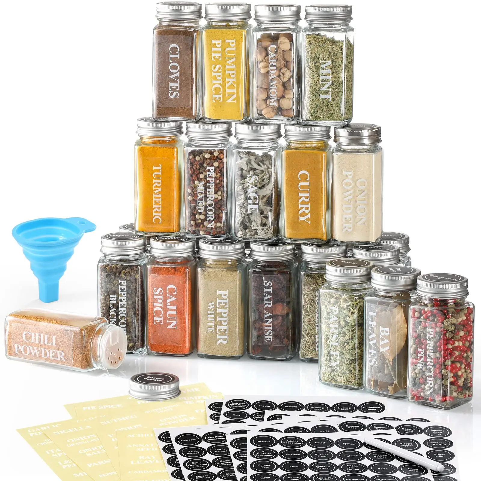 24-Pack 4oz Glass Spice Jars with Labels, Square Spice Bottles with Shaker Lids & Airtight Metal Caps  Seasoning Kitchen Utensils Canister Tin Containers Pepper, Cooking, Salt