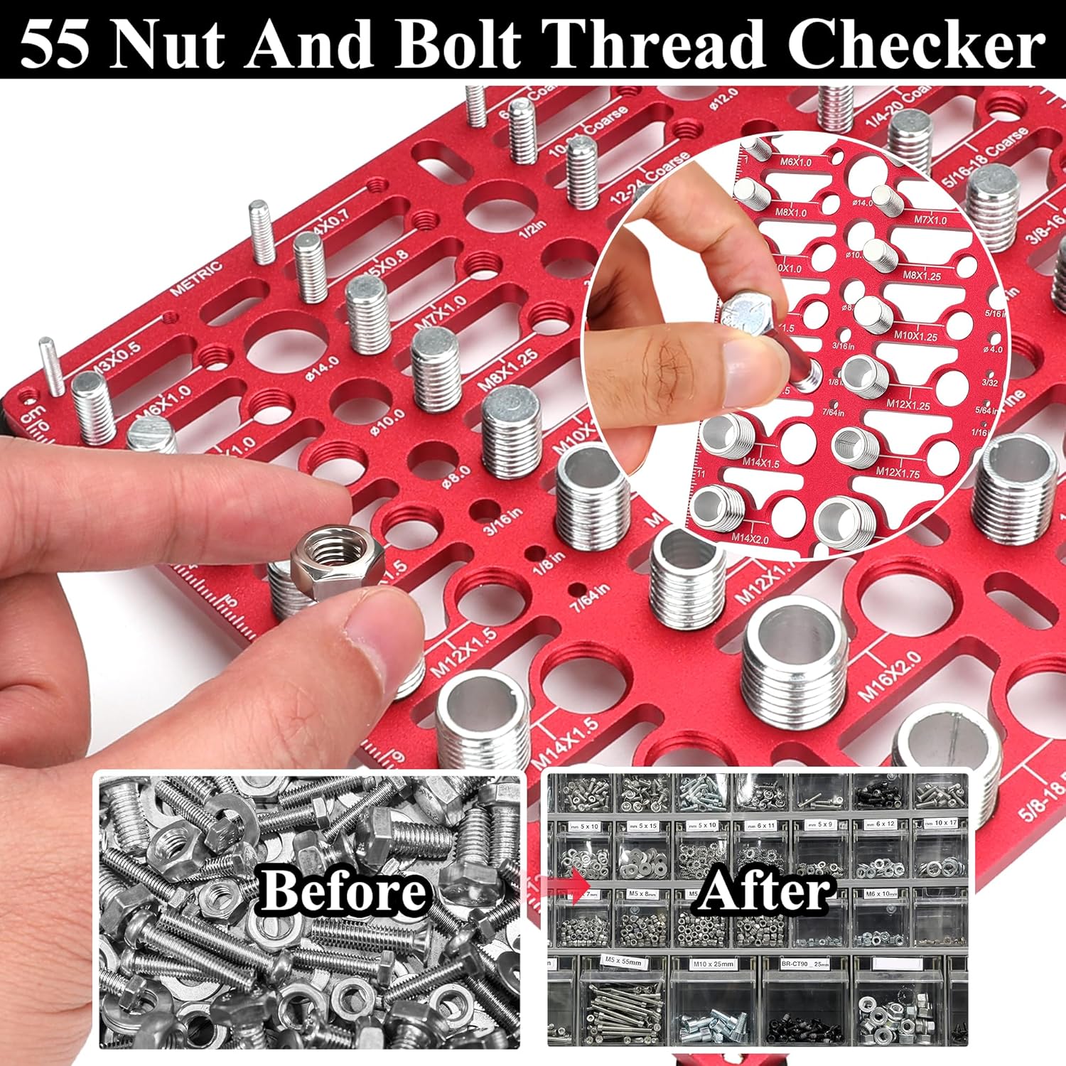 55 Thread Checker, Nut and Bolt Thread Checker Standard and Metric, Bolt Size Finder Bolt and Nut Identifier Gauge with 20 Standard & 16 Metric & 19 Drill Gauges, Bolt Thread Gauge Inch & Metric