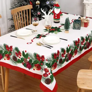 Christmas Tablecloth Set with Wintergreen Leaves, Pine Cones, Berries & Bows, Durable Easy-Clean Design for Holiday Decorations