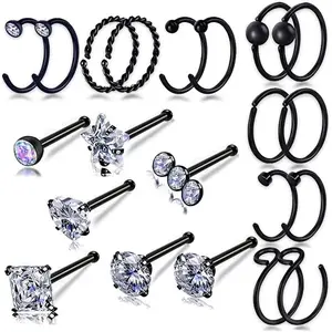 20G L-Shaped Nose Rings - Surgical Steel Hoops & Studs - , , Black Colored