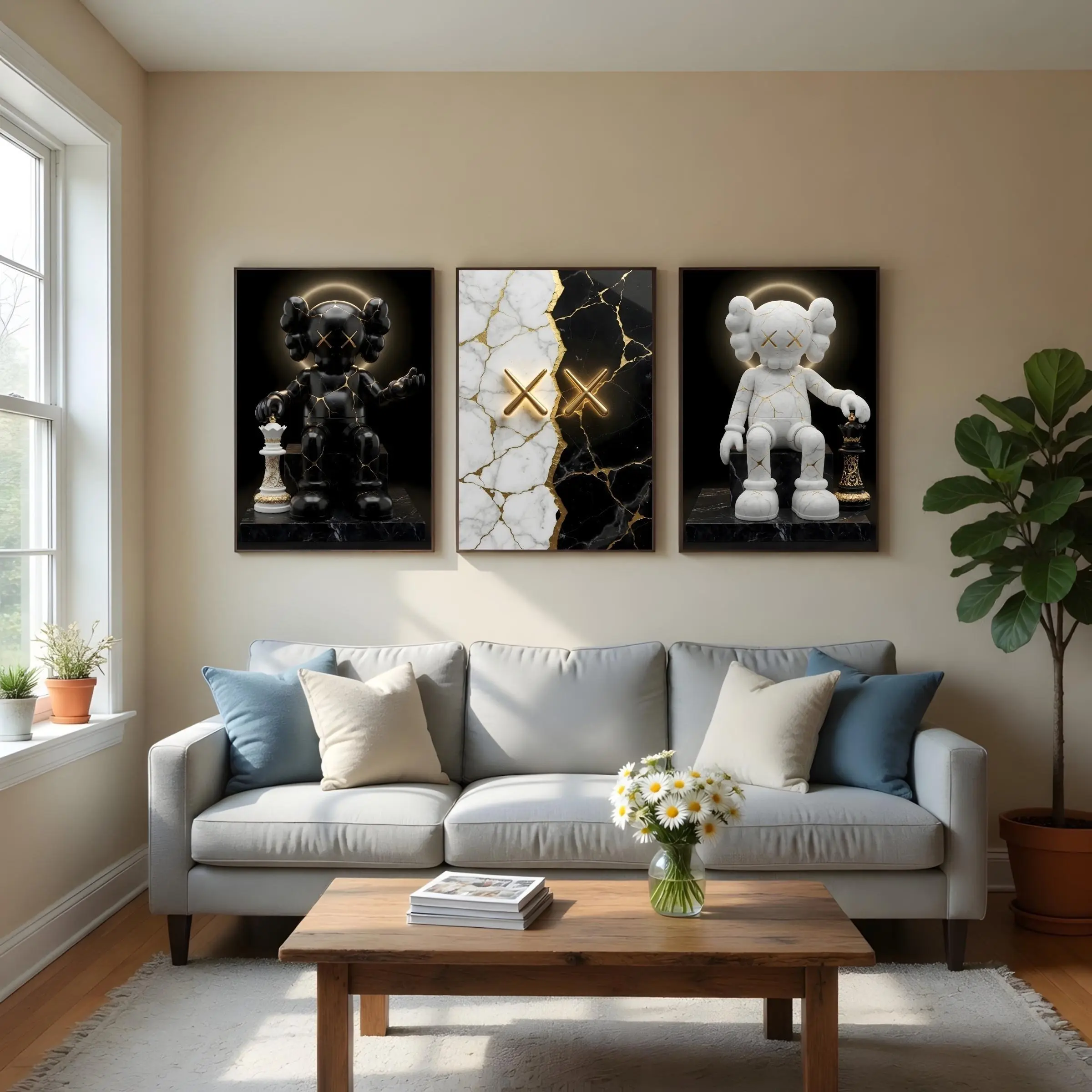 Kaws Figure Poster Set of 3, Black White Gold Graffiti Wall Art, HypeBeast Room Decor, Artful Urban Print, Unique Home Decor Gift