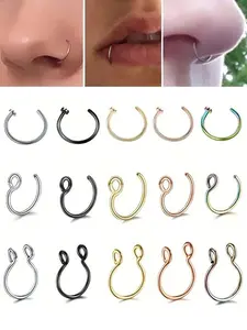 3Pcs Women Men Fake Piering Nose Ring，Fashion Punk Non Piercing Nose Clip，Stainless Steel Fake Perforation Nasal Septum Unisex Body Jewelry