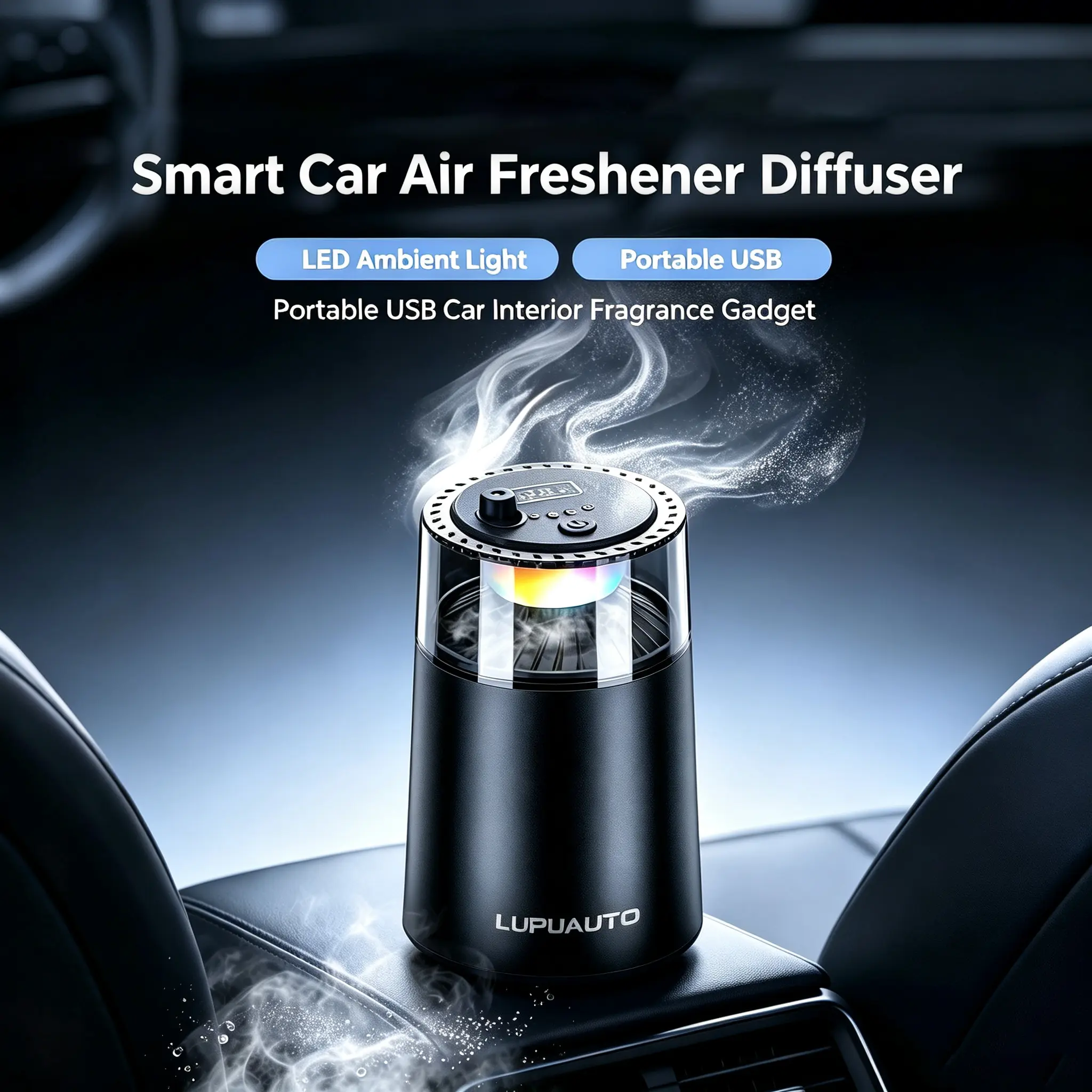 USB Powered Car Humidifier with LED Ambient Light, Mist Output, Humidity Control, Plug-and-Play Standard Fit Portable Mini Humidifier for Car Cup Holder