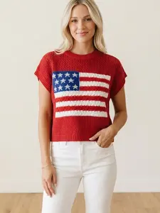 Women's Patriotic American Flag Short Sleeve Knit Sweater Top Retro Stars and Stripes Crochet Pullover 4th of July Independence Day Fashion Shirts