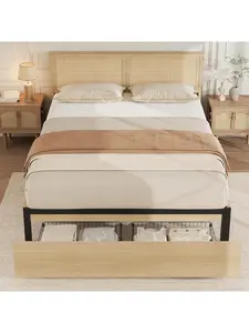 Queen Platform Bed Frame Bed Frame With Natural Rattan Headboard Cane Bed Frame With 2 Storage Drawers And Strong Wood Slats Support Noise Free No Box Spring Needed