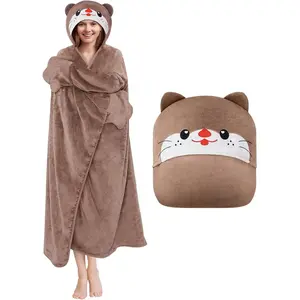 Cute Otter Wearable Hoodie Blanket, Soft Flannel Throw Blanket Cloak Wrap, Oversize Otter Costume, Cozy Warm Adult  Blanket Hoodies with Gloves, Blankets  for Women Men Teens