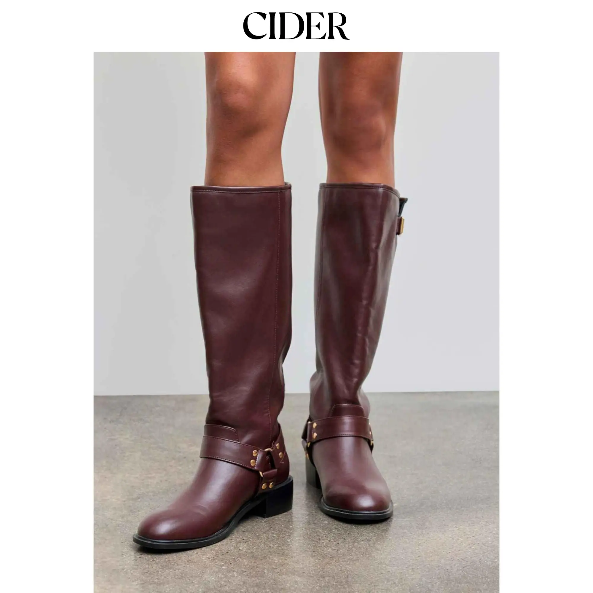 Cider Women's Chunky Western Boots, Knee-High Fashion Footwear with Buckle Detail and a Thick Platform Sole, Shoe, Western Boot, Leather, Casual Wear