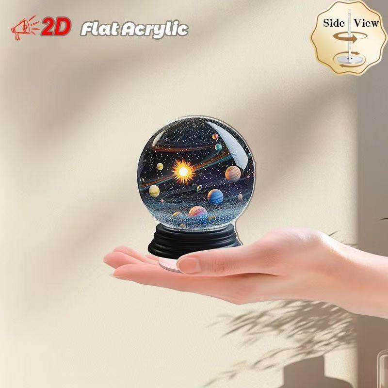 Rotating Solar System Crystal Snow Globe, 2D Acrylic Moon Desktop Decor, Gifts for Astronomy Lovers and Space Enthusiasts