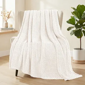 Extra Large Fuzzy Fleece Throw Blanket for Couch, 50x70 Inch Fluffy Warm Soft Jacquard Blankets for All Season, Lightweight and Cozy, Ivory