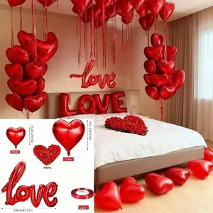 Romantic Valentine's Day Balloon Decoration Set, 200 Rose Petals, 20 Heart Foil Balloons, Perfect for Proposal, Wedding, Anniversary