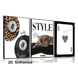Set of 3, stylish leopard-print canvas wall art, college-style room decor, cheetah-patterned poster, fun “Lucky 8” ball wall decoration, perfect for girls' bedrooms, apartments, and dorm rooms, frameless