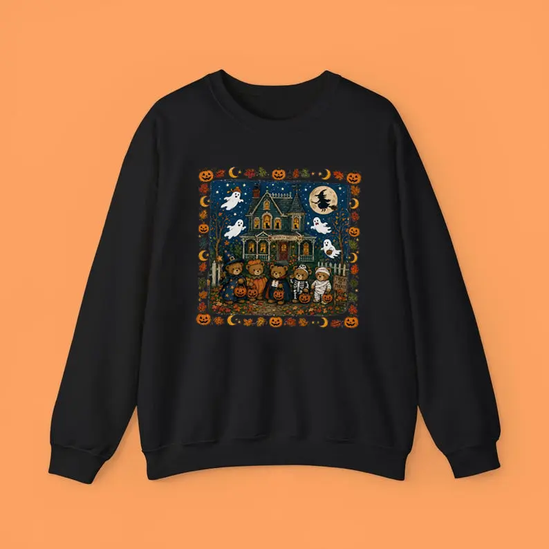 Vintage 90s Bears Halloween Sweatshirt, Trick or Treat Bears Crewneck, Haunted House Crew Neck Graphic Tee, Pumpkin Lover Shirt Gift Clothing, Women's Horror Gothic Alt Girl Clothes