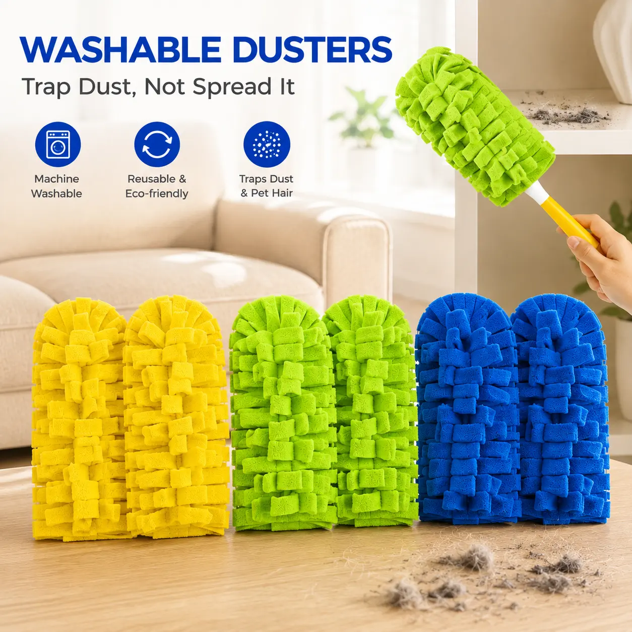 Reusable Electrostatic  Cloth with Handle, 6PCS Washable Microfiber  Refills Compatible with Swiffer , 360° Dusting Head for Ceiling Fans, Blinds, Furniture, Baseboards & Home Cleaning duster