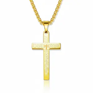 Stainless Steel Cross Necklace Lord's Prayer Pendant, Intricate Engraving for Men Women, Faith & Protection with Chain
