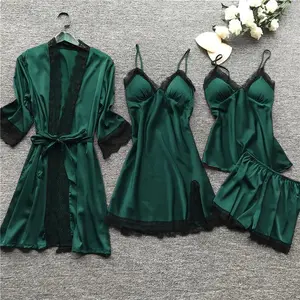 Lace Silk Pajamas Set Nightdress Sexy Lingerie Robe Women Sleepwear 4 Pieces Suits Sleeping Top And Shorts Femme Pijama Mujer Pj Loungewear Womenswear Basic Minimalist