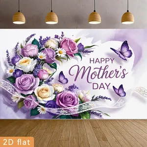 1pc Polyester 2D Flat Banner - Purple Rose Lavender Wreath, White Lace Ribbon, Purple Butterfly Text Backdrop for Mother's Day, Birthday - Home & Festive Party Decoration, Photography Prop