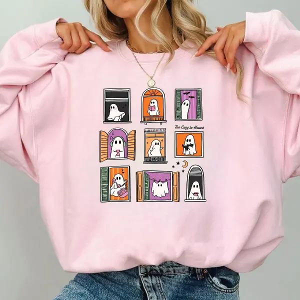 Too Cozy To Haunt Halloween Sweatshirt, Cute Ghost Window Graphic Crewneck, Fall Gift for Ghost Lovers