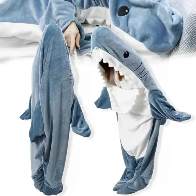 【Gift for kid or friend】Shark Onesie Blanket SuperSoftFlannel Costume Shark Blanket HoodieHome Sleeping Bagfor Kids & Adults Bedding Womenswear Loungewear Nightwear Basic