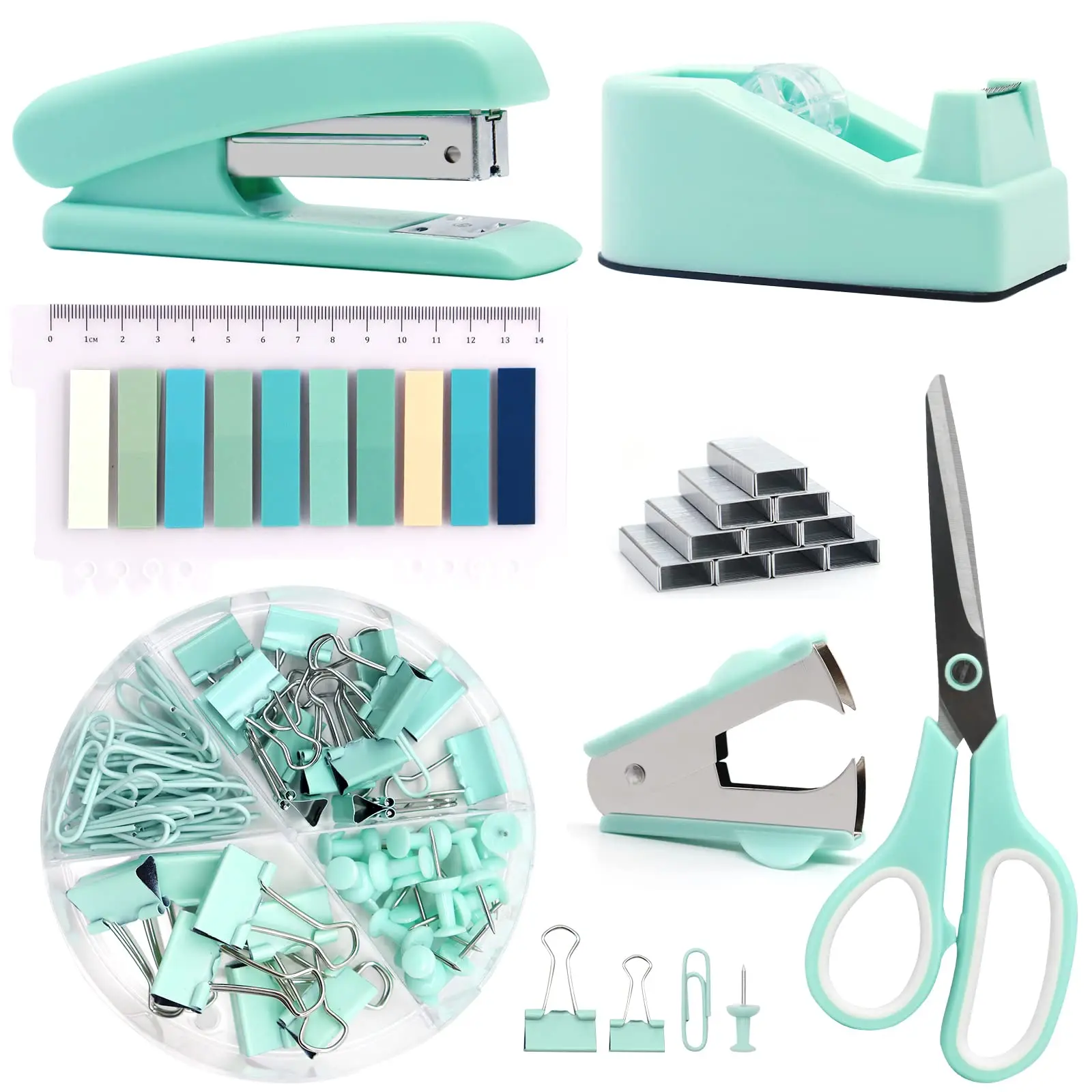 Green Office Supplies  Teal Desk Accessories Stapler And Tape Dispenser Set For Women With Staple Remover  Staples Clips Scissor Tabs Students Clerks