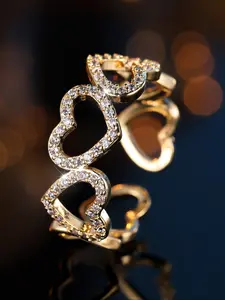 Stylish and Delicate Hollowed Out Love Heart Gold Coloured Women's Open-end Ring White Synthetic Zirconia Embellished Women's Jewellery Gift Party Jewellery, Heart Design Ring, Zirconia Inlaid Heart