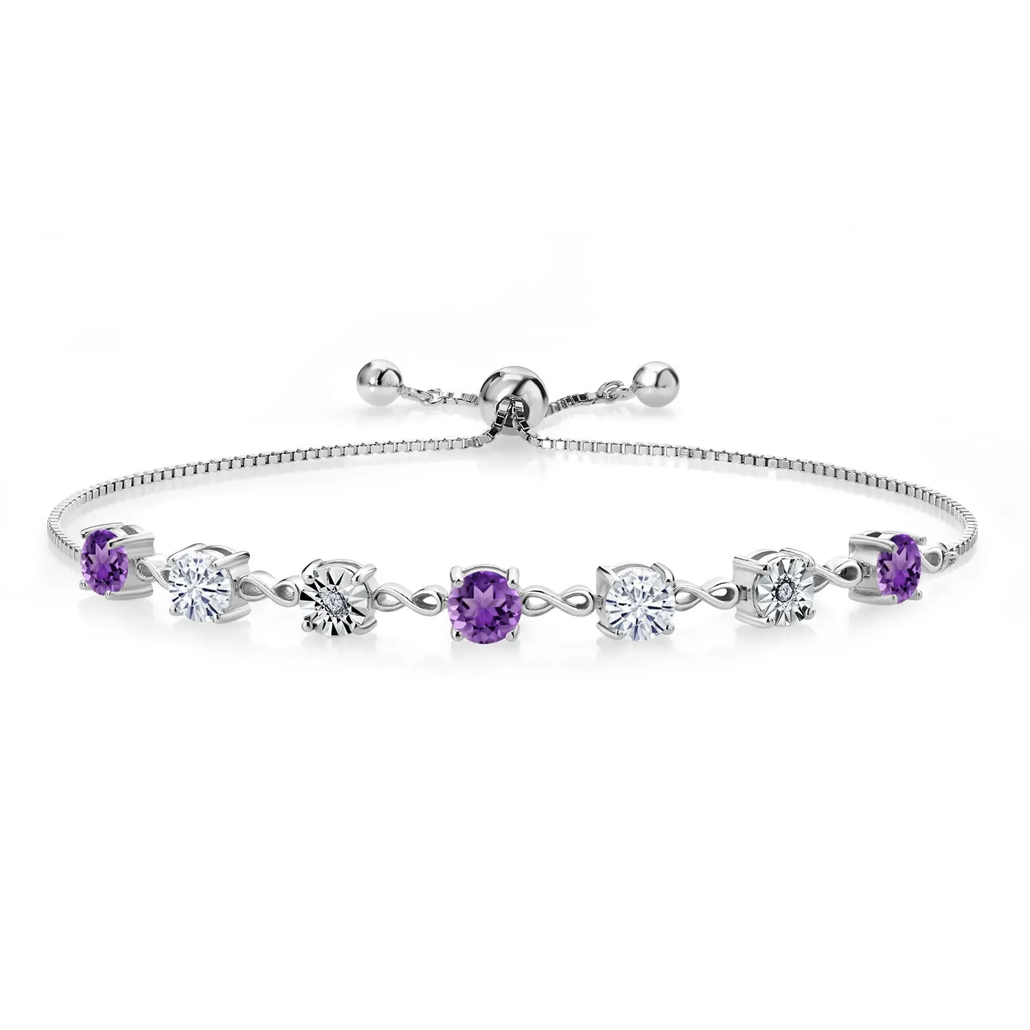 Gemstone Birthstone White Moissanite and Lab Grown Diamond Accent Infinity Tennis Bracelet for Women in 925 Sterling Silver | Round 5MM and 1MM | Adjustable Bolo Up to 9 Inch | Easy-On Easy-Off