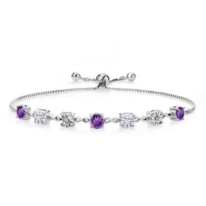 Gemstone Birthstone White Moissanite and Lab Grown Diamond Accent Infinity Tennis Bracelet for Women in 925 Sterling Silver | Round 5MM and 1MM | Adjustable Bolo Up to 9 Inch | Easy-On Easy-Off