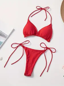 New European And American Solid Color Sexy Drawstring Hot Style Women'S Fashion Bikini Swimsuit