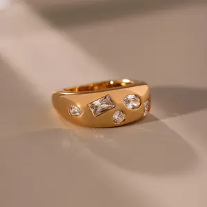 Diamond Confetti Signet Ring by Caitlyn Minimalist - Chunky 18K Gold Plated Statement Ring - Mixed Cubic Zirconia Diamond Ring - Unique Cocktail Ring - Art Deco Jewelry - Wife Gift