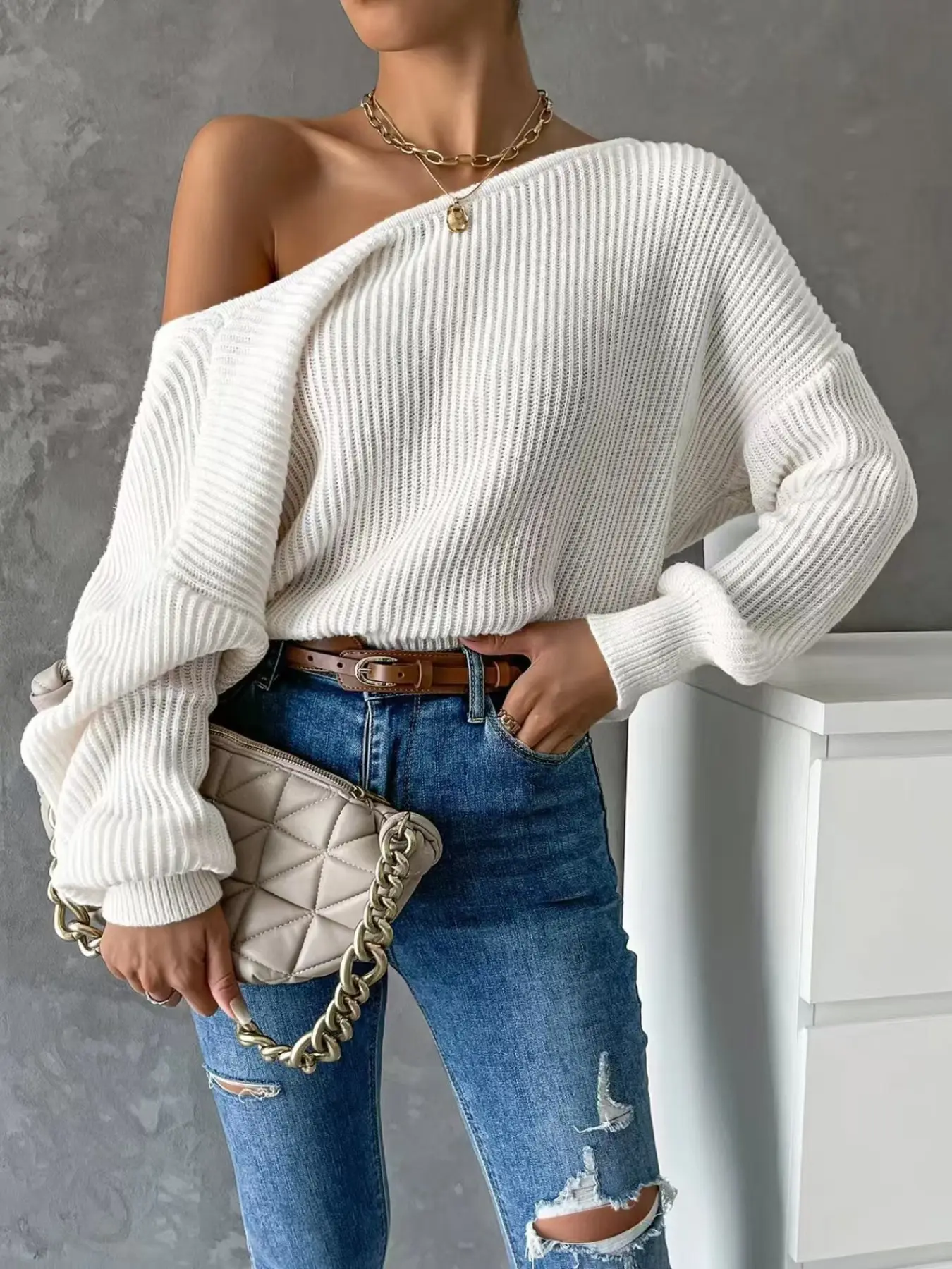 Viral Off Shoulder Knit Sweater, Loose Batwing Long Sleeve, Slouchy Ribbed Knitwear, Casual & Going Out Wear, Trendy Chic Oversized Sweater for Women, Tops, Fashion, Baggy, Batwing Sleeve Pullover