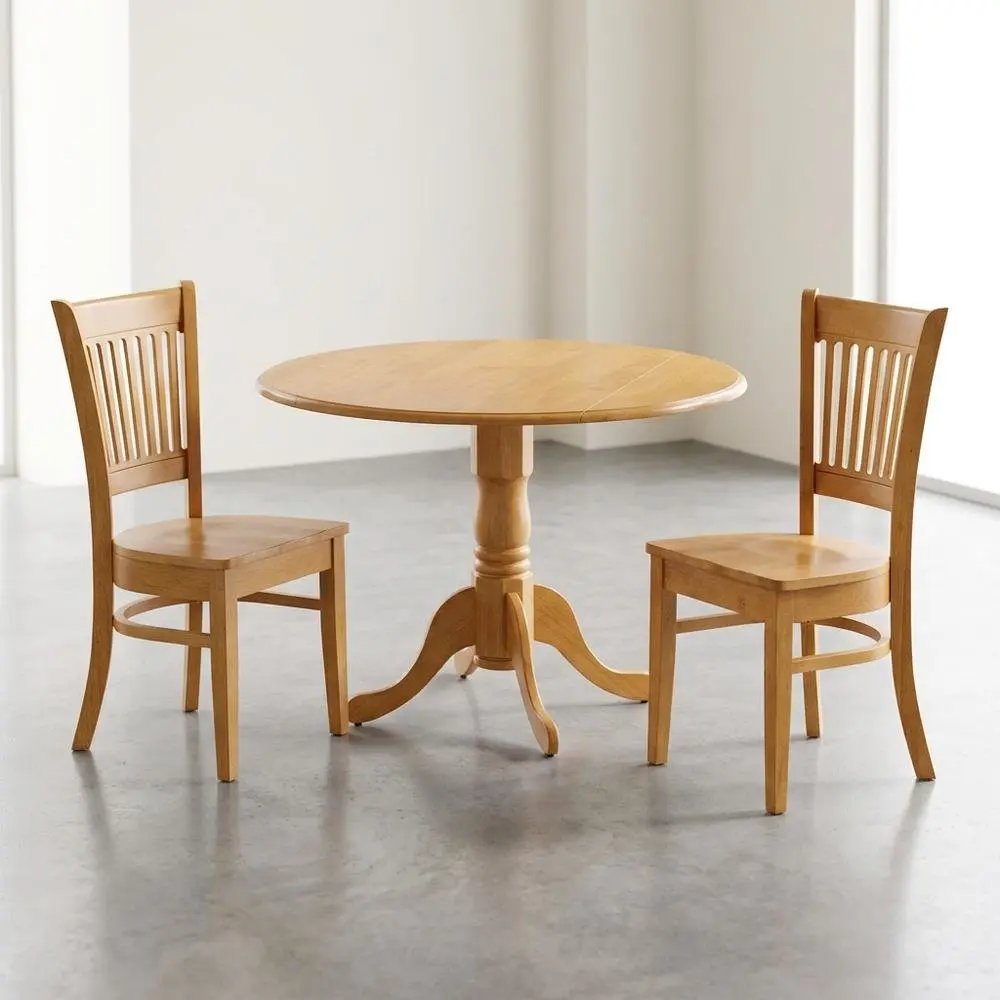 Traditional Durable Solid Wood 3-Piece Round Drop-Leaf Compact Kitchen Nook Set with Slatted Chairs and Reinforced Joinery