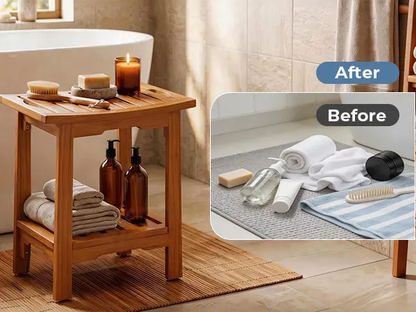 Sweetcrispy Teak Wood Compact Multifunctional Portable Stool - Waterproof, Non-Slip, with Shelf & Handle, Easy Move, Ideal as Shower Stool for Inside Shower & Small Bathrooms