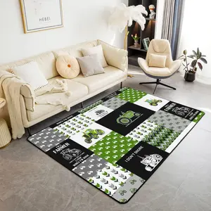 Cartoon Tractor Area Rug,Farm Equipment Trucks Decorative Area Rug,Home Decor Construction Car Carpet,Harvester Tractor Green Plaid Accent Rug