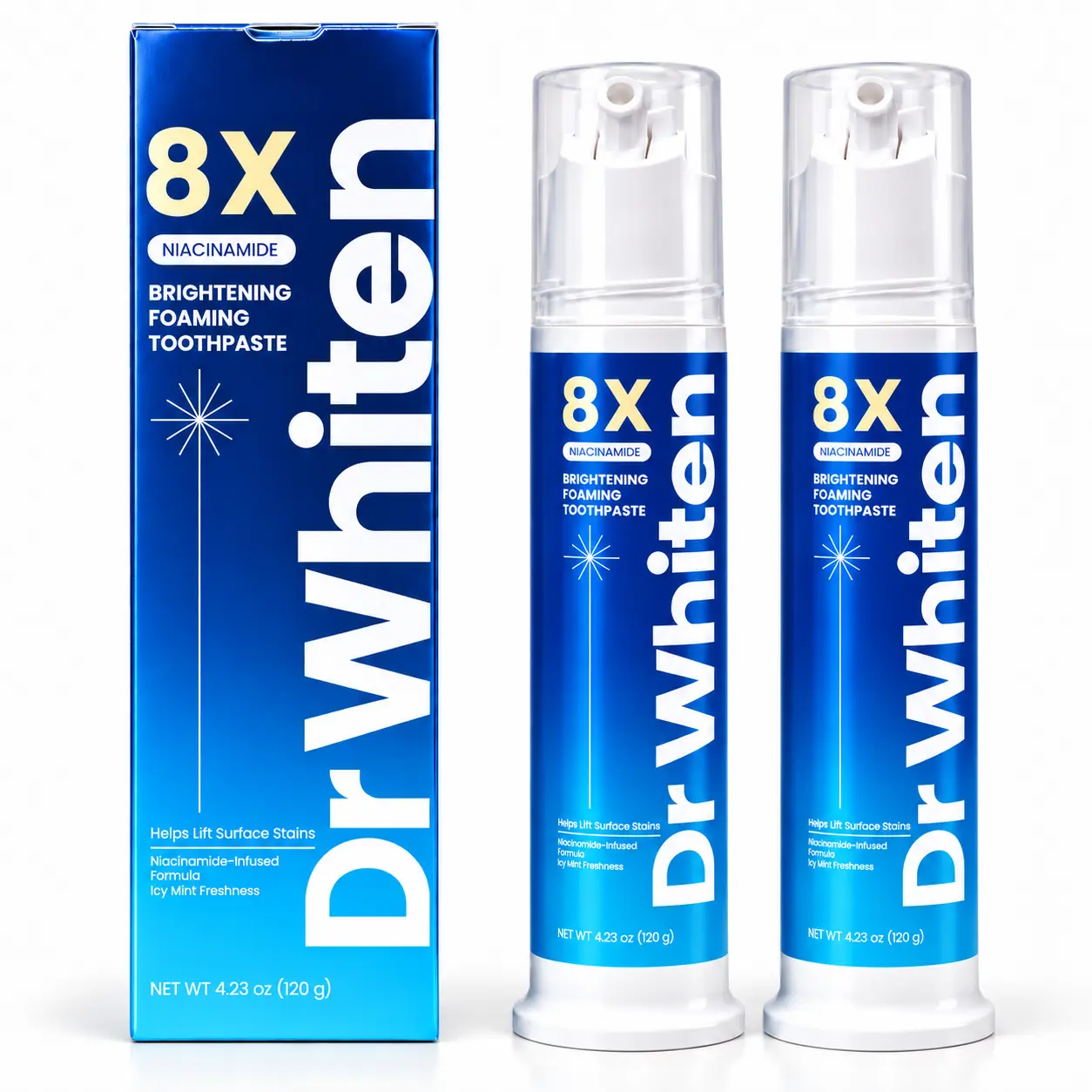 DrWhiten 8X Niacinamide Foaming Toothpaste | Gentle Teeth Whitening | Teeth Stain Remover | Deep Cleansing Foam | Fresh Mint Daily Oral Care - 4.23 oz