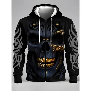 Men's fashionable casual novel 3D skull pattern printed zipper pocket hoodie