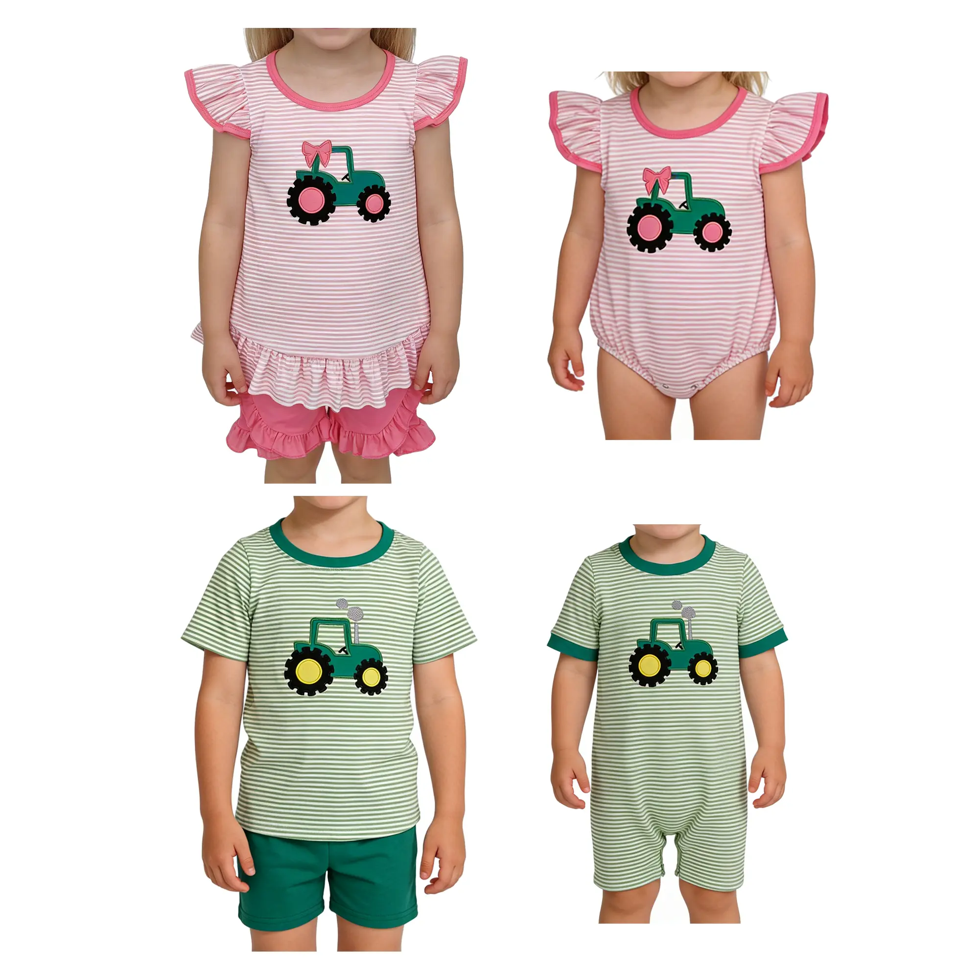 Girls' 2-Piece Cotton Striped Sets - Stripe Flutter-Sleeve Top with Tractor Bow Embroidery, Cotton Shorts, Baby Clothes Girl Casual Cute Fashion Set for Farm-Themed Boutique Styles
