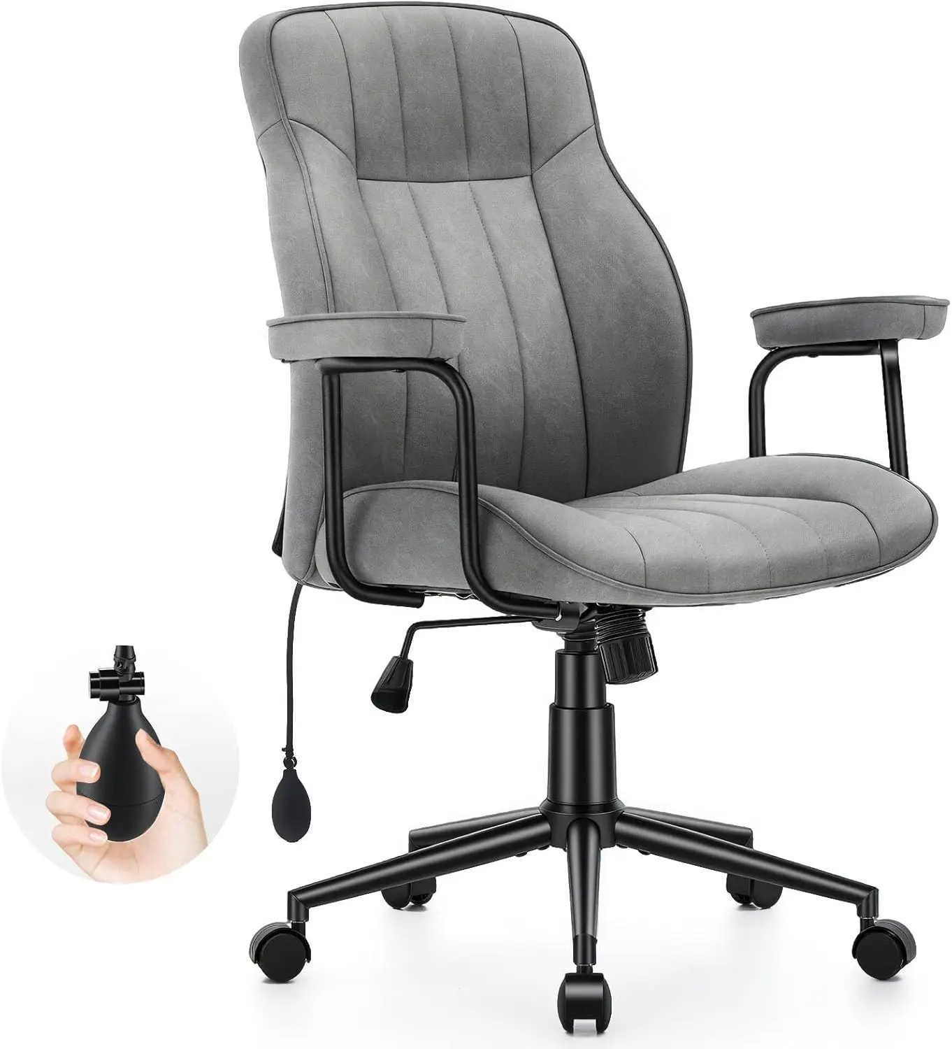 Mid Century Modern Office Chair with Inflatable Lumbar Support, Ergonomic Faux Leather Desk Chair with Arms, Height Adjustable Swivel Executive Computer Chair for Home Office, 300lbs