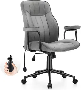 Mid Century Modern Office Chair with Inflatable Lumbar Support, Ergonomic Faux Leather Desk Chair with Arms, Height Adjustable Swivel Executive Computer Chair for Home Office, 300lbs