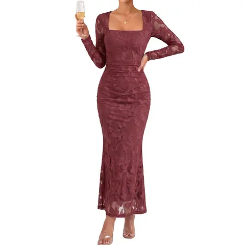 BORIFLORS Women's Chic Square Neck Floral Embroidered Mesh Long-Sleeve Ruched Bodycon Maxi Dress, Formal Elegant Birthday Outfit for Wedding Guests, Evening Party Prom Cocktail Night Y2K Clubwear, Dresses for Women, Wedding Guest Dresses
