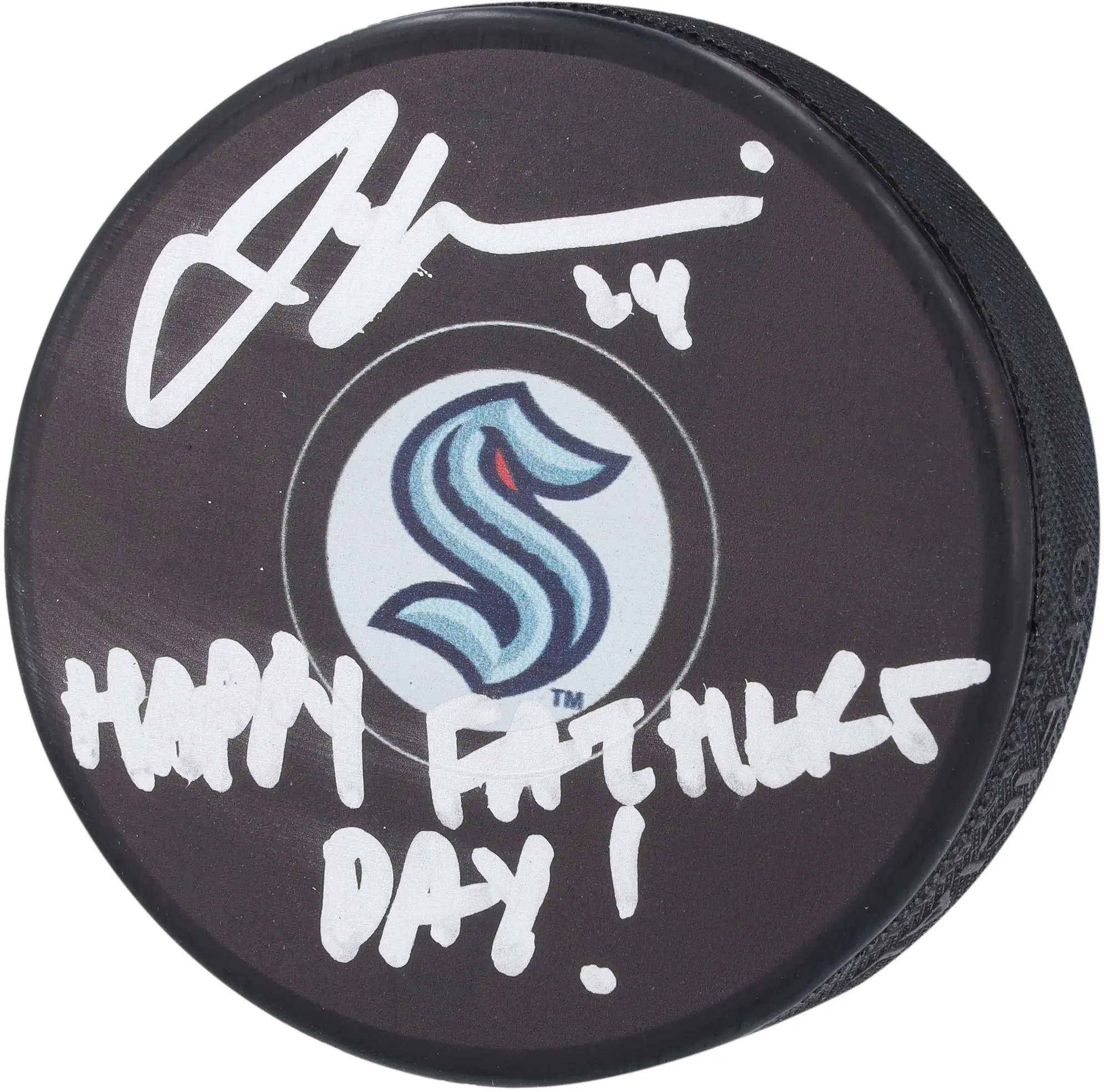 Jamie Oleksiak Seattle Kraken Autographed Hockey Puck with "Happy Father's Day!" Inscription - NHL Auctions Exclusive - Fanatics Authentic Certified