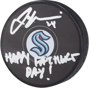 Jamie Oleksiak Seattle Kraken Autographed Hockey Puck with "Happy Father's Day!" Inscription - NHL Auctions Exclusive - Fanatics Authentic Certified