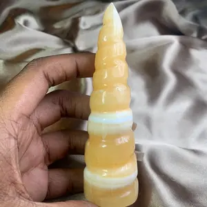 Natural M/L Orange Calcite Crystal Spiral Tower Unicorn Horn