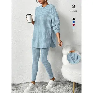 Women's 2 Piece Ribbed Knit Lounge Set Long Sleeve Hooded Oversized Top Fitted Leggings Casual Striped Sweatsuit   Everyday Women's Clothing