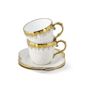 Coffee Cups and Saucers with Golden Trim, Tea Cups for Tea Parties, 220ml Ceramic Cup for Cappuccino,Latte, Espresso, Elegant Embossed Flower for Kitchen Decor, Gifts for Coffee Lovers
