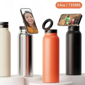 710ML Stainless Steel Sports Bottle Tumbler with Straw for Phone Holder, Outdoor Thermos with Magnetic Phone Holder