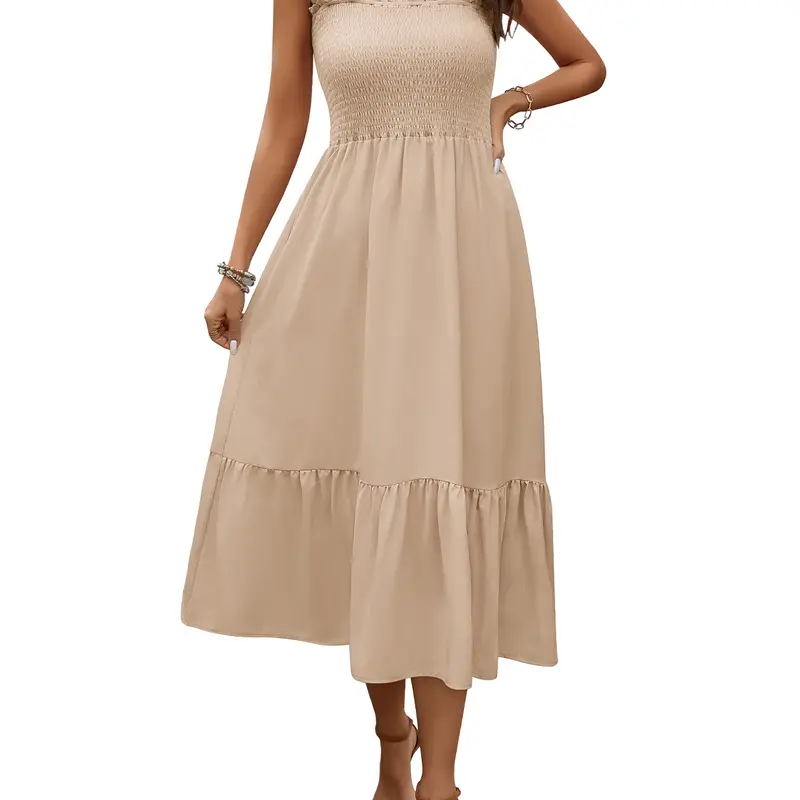 HEEKPEK Women's 2026 Summer Minimalist Basic Casual Elegant Dress - Sleeveless Spaghetti Strap, Square Neck, Shirred Bust, Ruffle A-Line, Boho Plain Long Dress for Holiday Beach