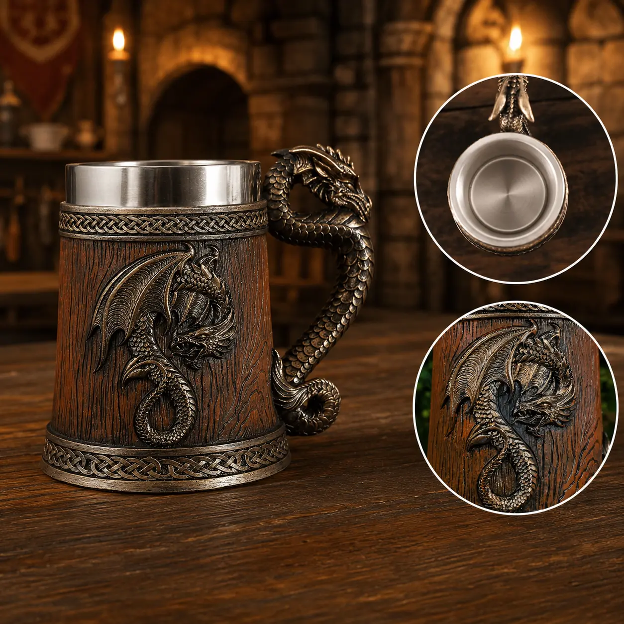 The Armored Kingdom 16oz Medieval Battleborn Dragon Mug - Reuse-Friendly Walnut Brown Wood-Tone Stainless Steel Cup, Premium Resin Exterior, Epic Dragon & Ancient Castle Tail Design, Washable Kitchenware Drinkware, Dragon Mugs